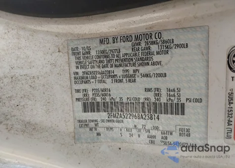 2006 Ford Freestar Sel из США, поврежденный, VIN 2FMZA52296BA23814